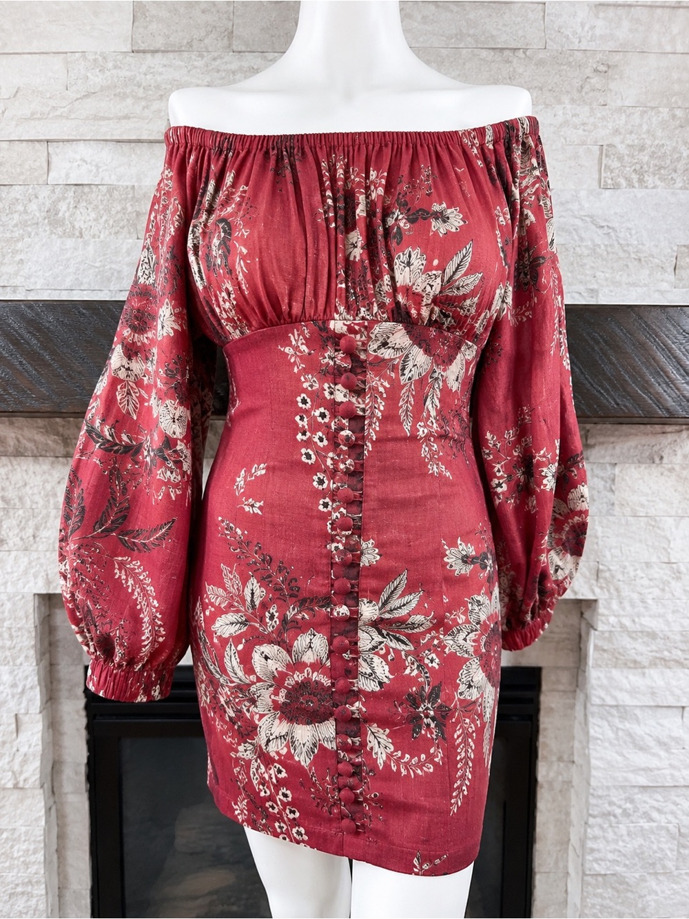 Zimmermann Linen Off Shoulder Mini Dress Floral Balloon Sleeve Red Size 0 (US S)